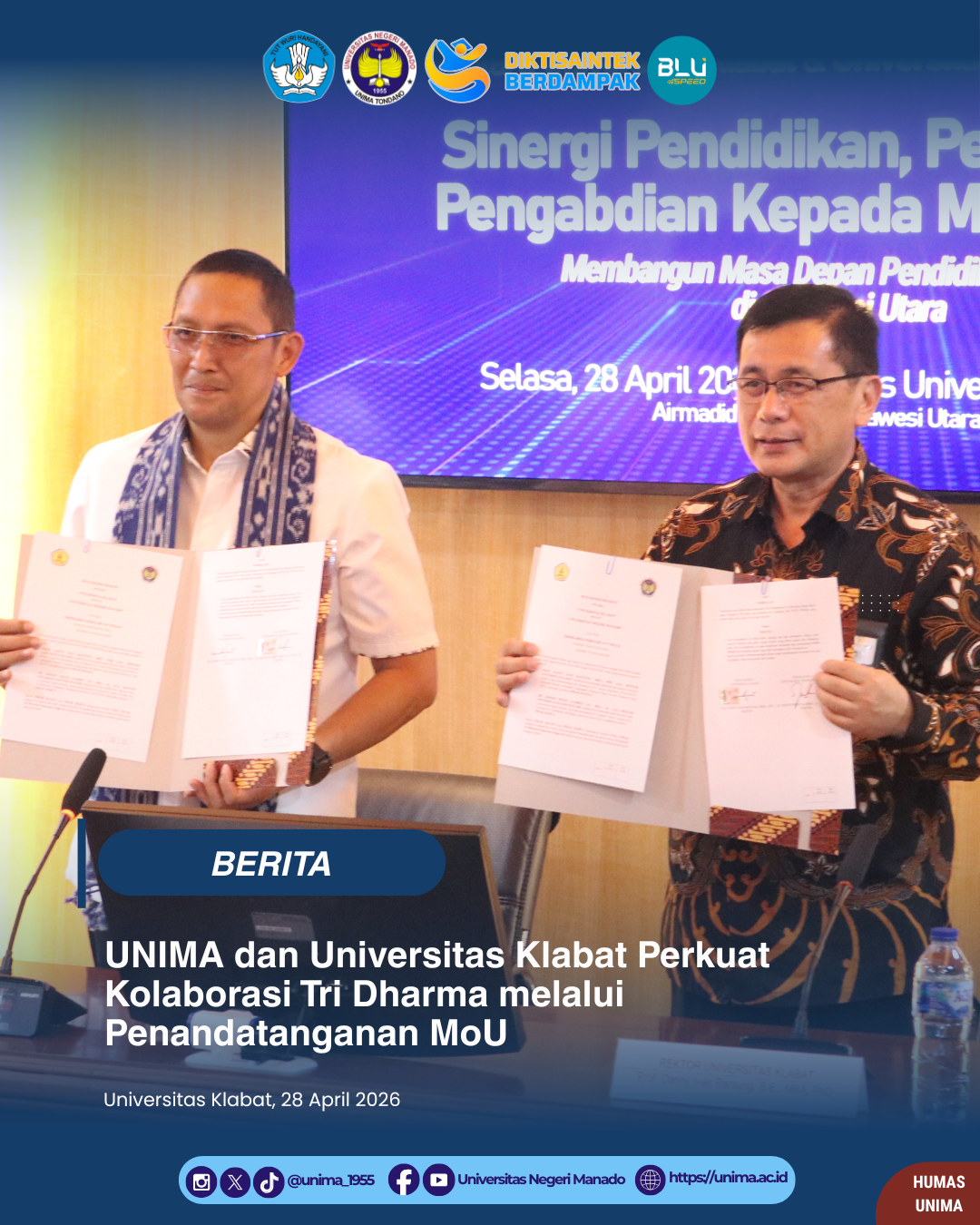 UNIMA dan Universitas Klabat Perkuat Kolaborasi Tri Dharma melalui Penandatanganan MoU